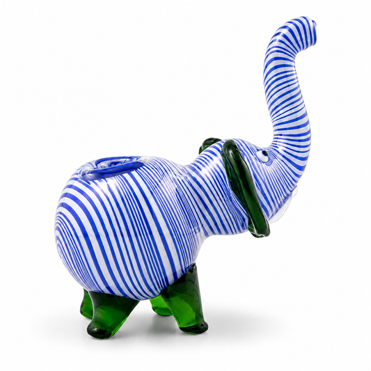 Elephant Hand Pipe | Blue + White Striped | Hand Blown