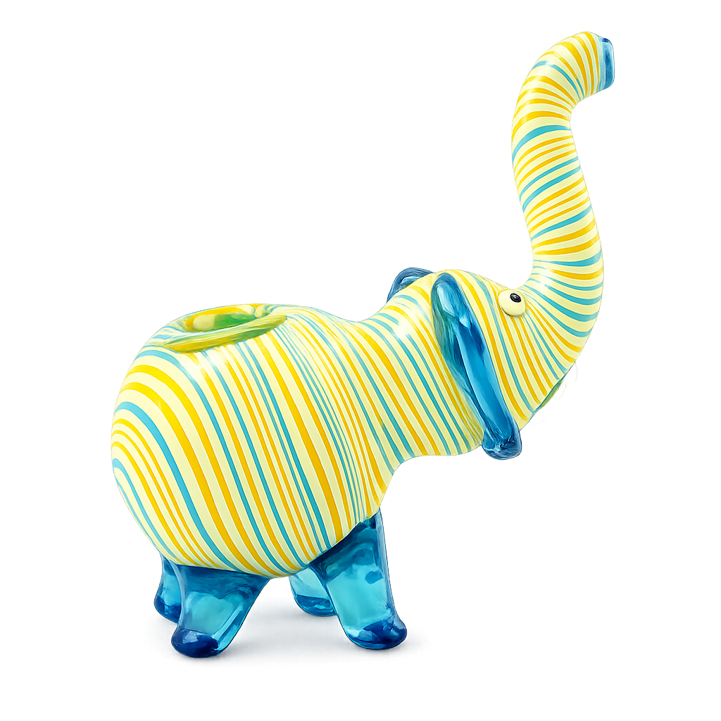 Elephant Hand Pipe | Yellow + Aqua Striped | Hand Blown