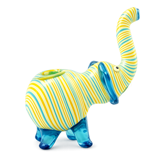 Elephant Hand Pipe | Yellow + Aqua Striped | Hand Blown