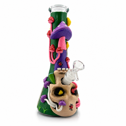 10” Beaker Bong | GLOW IN THE DARK | Mushrooms + Skull